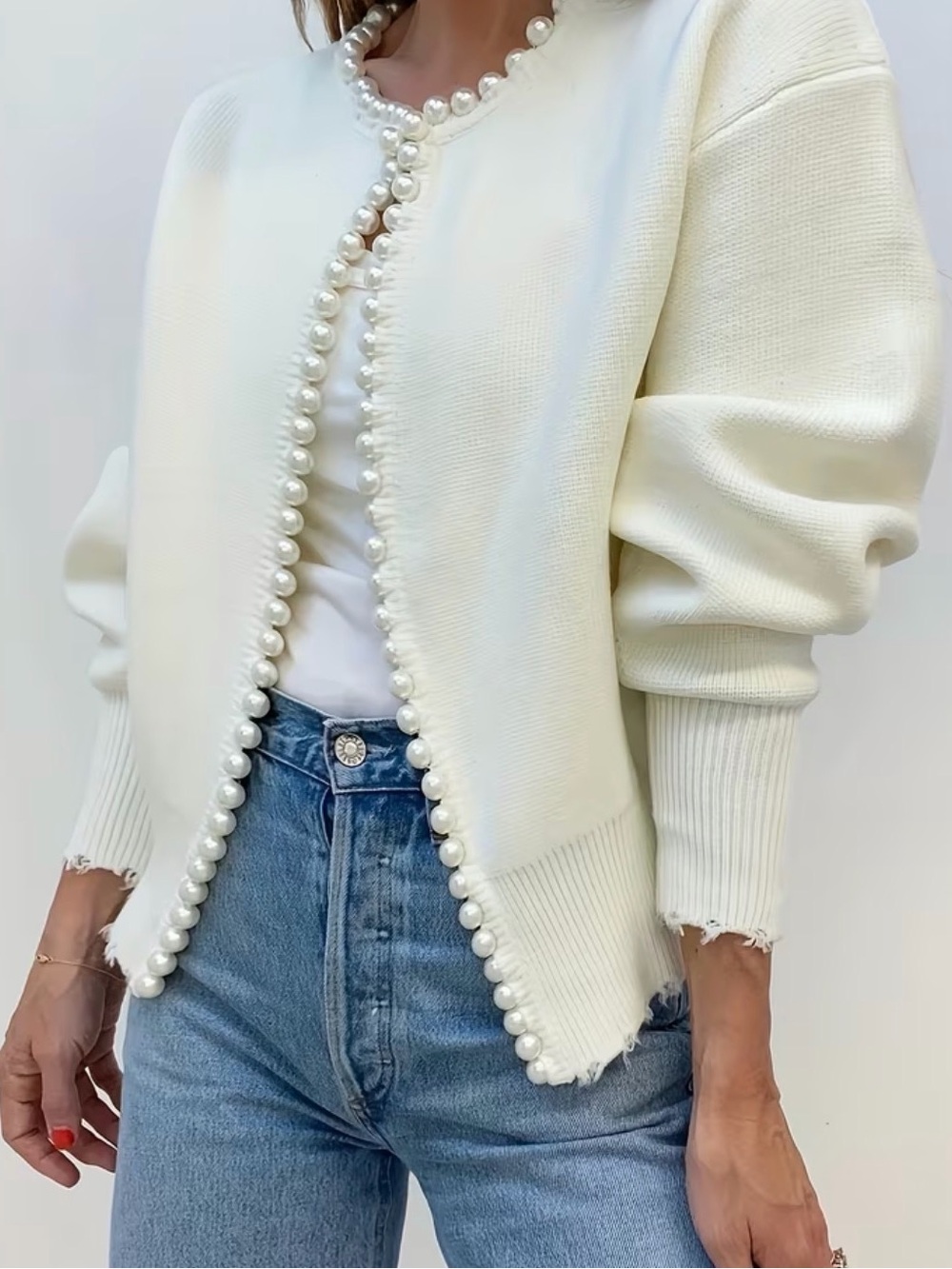 Pearl-Trim Ivory Knit Cardigan Sweater.